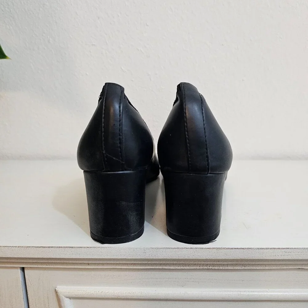 Soft Style Womens Sz 8.5 Black Faux Leather Pump Patent Toe Cap Comfort Shoes - Picture 4 of 10
